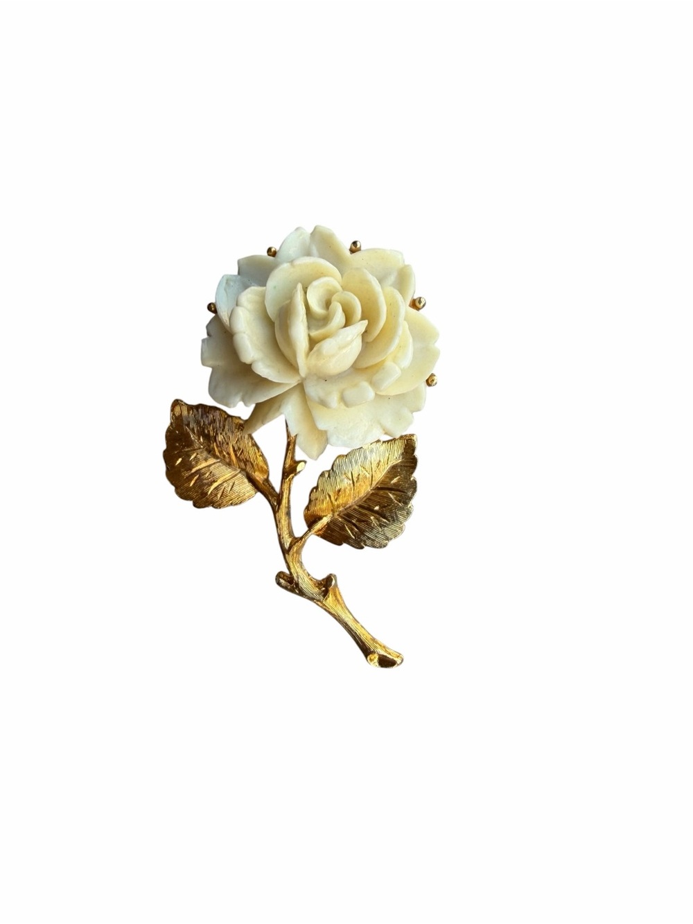 Vintage Carved Ivory Rose Brooch Textured Gold Stem Pin